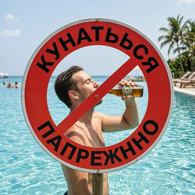 знак "купаться запрещено" внутри которого плавает человек пьющий пиво из бутылки