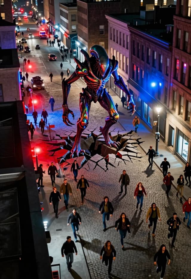 Photorealistic cinematic shot, 8K, wide-angle perspective from a high rooftop looking down at a bustling nighttime city. The streets are packed with people in a mix of modern and steampunk attire, all frozen mid-motion in shock and panic. In the center of the main square, a massive, otherworldly creature has just broken through the cobblestones—its form is organic yet alien: iridescent chitinous plates, multiple limbs with glowing joints, and a head that seems to shift shape as it moves. The creature’s arrival has cracked the ground radiating outward, and nearby buildings are tilting precariously. Emergency lights flash red and blue, casting jagged shadows. The atmosphere is tense and chaotic: some people are running away, others are frozen in disbelief, a few braver souls are pointing weapons or cameras. Lighting is dramatic—a mix of streetlights, emergency strobes, and the creature’s own bioluminescence. Focus on the contrast between the ordinary city life and the impossible intruder, capturing the exact second when the crowd realizes something is terribly wrong.