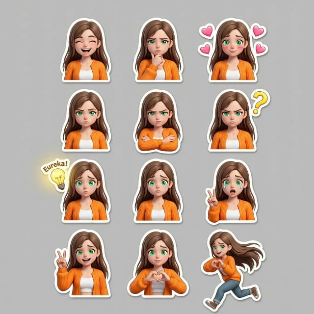 Sticker pack sheet of a cute young female character, 3D cyberpunk style, high-quality render, C4D, Octane Render. The character has fair skin, long brown hair, and large, expressive emerald green eyes. She is wearing a vibrant orange sweater over a white crop top. The set includes multiple individual stickers with a consistent character design, each featuring a thin white die-cut border, isolated on a plain neutral grey background. 

The sticker set includes the following diverse expressions and poses, where facial emotions perfectly match the gestures:
1. Joyful laughter with eyes closed and a wide smile.
2. Deep thoughtfulness with a hand on her chin and a squinted gaze.
3. Love-struck with blushing cheeks, sparkling eyes, and floating pink hearts around her.
4. Angry with furrowed brows, a pout, and crossed arms.
5. Confused with a tilted head and a bright yellow question mark above her head.
6. Inspired with a "Eureka!" moment, eyes wide, and a glowing yellow lightbulb floating nearby.
7. Sadness with teary eyes and a small teardrop falling.
8. Extreme surprise with wide eyes and an open mouth.
9. Peace sign with a cheerful smile and a "V" gesture with her fingers.
10. Making a heart shape with her hands, looking sweet and affectionate.
11. Running away in panic, looking back with a worried