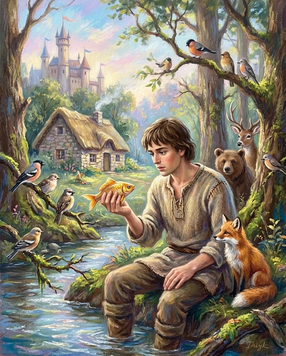 A real masterpiece. How artificial intelligence would depict: (Aesthetics: Impressionism. The image is made in the pastel technique."Goldilocks" is a famous Czech folk tale. Her main character, the servant Irzyk, eats a magical fish, gaining the ability to understand the language of animals. With the help of the animals he saved, he performs the impossible tasks of the evil king in order to marry the beautiful Goldilocks, but eventually becomes the ruler himself. Goldilocks: A beautiful golden-haired princess whom the evil king wants to marry). Intense close-up. High resolution. High quality. Increased attention to small details. Hyperrealistic style of surrealism, impressionism, fabulous book graphics. Increased attention to the smallest details and texture of book graphics. The author is Narrated by Mills