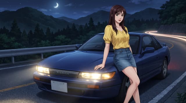 Initial D (Аниме), Мако Сато (девушка в желтой блузке и в джинсовой юбке, длинные темно-каштановые волосы, уверенный взгляд) стоит радом с темно-синим Nissan Sileighty (Sil80), стоит на горной дороге, горящие фары, на фоне японских гор, ночь с луной, шедевр, крупный план, стиль аниме с реалистичными деталями