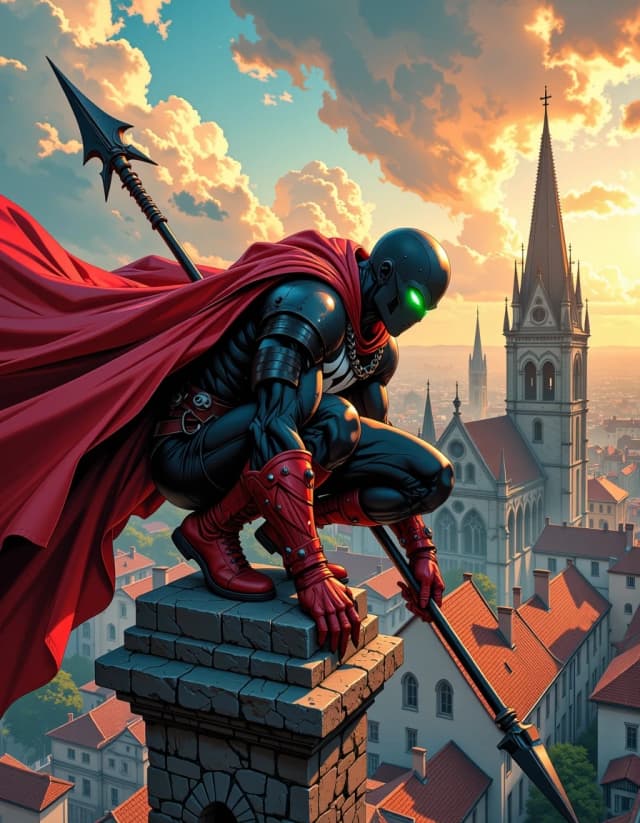 A masterpiece,  in the style of the 1980s, with bold lines, dynamic strokes and rich textures, on background with a touch of nostalgia, perhaps with subtle drawings inspired by cellulose and vintage, worn textures similar to paper, oil painting, Epic cinematic digital painting of a dark antihero perched atop a weathered stone cross on a gothic cathedral roof, crouched predatory pose, rippling tattered red cape dramatically billowing behind him, black muscular armored suit with stark white chest markings, skull chain across chest, studded red leather gauntlets and boots, spikes and rivets, glowing neon green eyes emitting wisps of ethereal smoke, holding a jagged barbed spear resting on the stone. Bird’s‑eye perspective over a medieval European town with terracotta tiled roofs, narrow cobblestone streets and soaring cathedral spires, warm late afternoon sunbeams and volumetric light rays cutting through clouds, long dramatic shadows. Ultra‑detailed textures: cracked stone, rusted chains, worn leather, scratched metal, realistic fabric folds, skin and muscle definition. High contrast rim lighting, cinematic color grading, slight depth of field, dynamic motion, heroic moody atmosphere, hyper‑real comic book style, extremely detailed, sharp focus on character, 4k+ resolution.