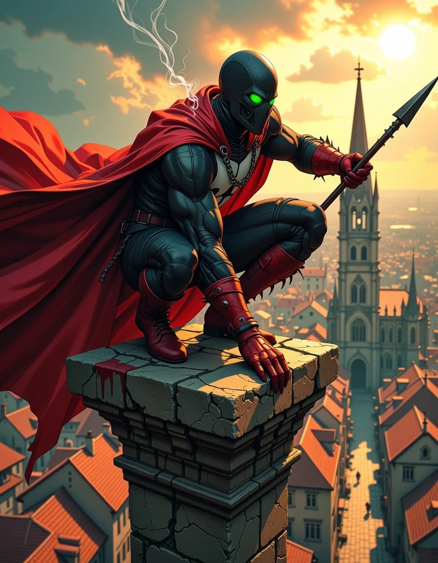 A masterpiece,  in the style of the 1980s, with bold lines, dynamic strokes and rich textures, on background with a touch of nostalgia, perhaps with subtle drawings inspired by cellulose and vintage, worn textures similar to paper, oil painting, Epic cinematic digital painting of a dark antihero perched atop a weathered stone cross on a gothic cathedral roof, crouched predatory pose, rippling tattered red cape dramatically billowing behind him, black muscular armored suit with stark white chest markings, skull chain across chest, studded red leather gauntlets and boots, spikes and rivets, glowing neon green eyes emitting wisps of ethereal smoke, holding a jagged barbed spear resting on the stone. Bird’s‑eye perspective over a medieval European town with terracotta tiled roofs, narrow cobblestone streets and soaring cathedral spires, warm late afternoon sunbeams and volumetric light rays cutting through clouds, long dramatic shadows. Ultra‑detailed textures: cracked stone, rusted chains, worn leather, scratched metal, realistic fabric folds, skin and muscle definition. High contrast rim lighting, cinematic color grading, slight depth of field, dynamic motion, heroic moody atmosphere, hyper‑real comic book style, extremely detailed, sharp focus on character, 4k+ resolution.