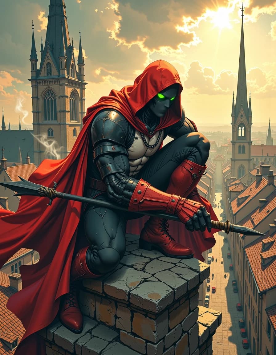 A masterpiece,  in the style of the 1980s, with bold lines, dynamic strokes and rich textures, on background with a touch of nostalgia, perhaps with subtle drawings inspired by cellulose and vintage, worn textures similar to paper, oil painting, Epic cinematic digital painting of a dark antihero perched atop a weathered stone cross on a gothic cathedral roof, crouched predatory pose, rippling tattered red cape dramatically billowing behind him, black muscular armored suit with stark white chest markings, skull chain across chest, studded red leather gauntlets and boots, spikes and rivets, glowing neon green eyes emitting wisps of ethereal smoke, holding a jagged barbed spear resting on the stone. Bird’s‑eye perspective over a medieval European town with terracotta tiled roofs, narrow cobblestone streets and soaring cathedral spires, warm late afternoon sunbeams and volumetric light rays cutting through clouds, long dramatic shadows. Ultra‑detailed textures: cracked stone, rusted chains, worn leather, scratched metal, realistic fabric folds, skin and muscle definition. High contrast rim lighting, cinematic color grading, slight depth of field, dynamic motion, heroic moody atmosphere, hyper‑real comic book style, extremely detailed, sharp focus on character, 4k+ resolution.