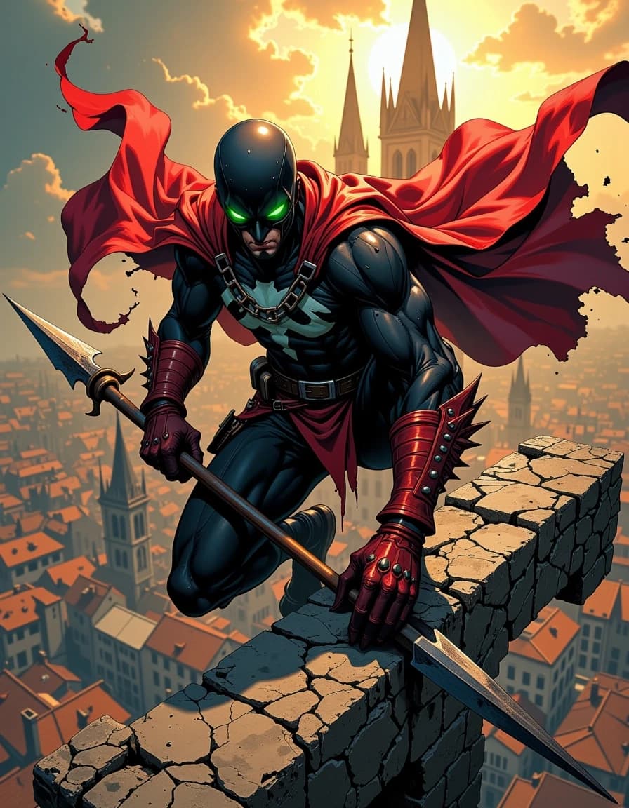 A masterpiece,  in the style of the 1980s, with bold lines, dynamic strokes and rich textures, on background with a touch of nostalgia, perhaps with subtle drawings inspired by cellulose and vintage, worn textures similar to paper, oil painting, Epic cinematic digital painting of a dark antihero perched atop a weathered stone cross on a gothic cathedral roof, crouched predatory pose, rippling tattered red cape dramatically billowing behind him, black muscular armored suit with stark white chest markings, skull chain across chest, studded red leather gauntlets and boots, spikes and rivets, glowing neon green eyes emitting wisps of ethereal smoke, holding a jagged barbed spear resting on the stone. Bird’s‑eye perspective over a medieval European town with terracotta tiled roofs, narrow cobblestone streets and soaring cathedral spires, warm late afternoon sunbeams and volumetric light rays cutting through clouds, long dramatic shadows. Ultra‑detailed textures: cracked stone, rusted chains, worn leather, scratched metal, realistic fabric folds, skin and muscle definition. High contrast rim lighting, cinematic color grading, slight depth of field, dynamic motion, heroic moody atmosphere, hyper‑real comic book style, extremely detailed, sharp focus on character, 4k+ resolution.