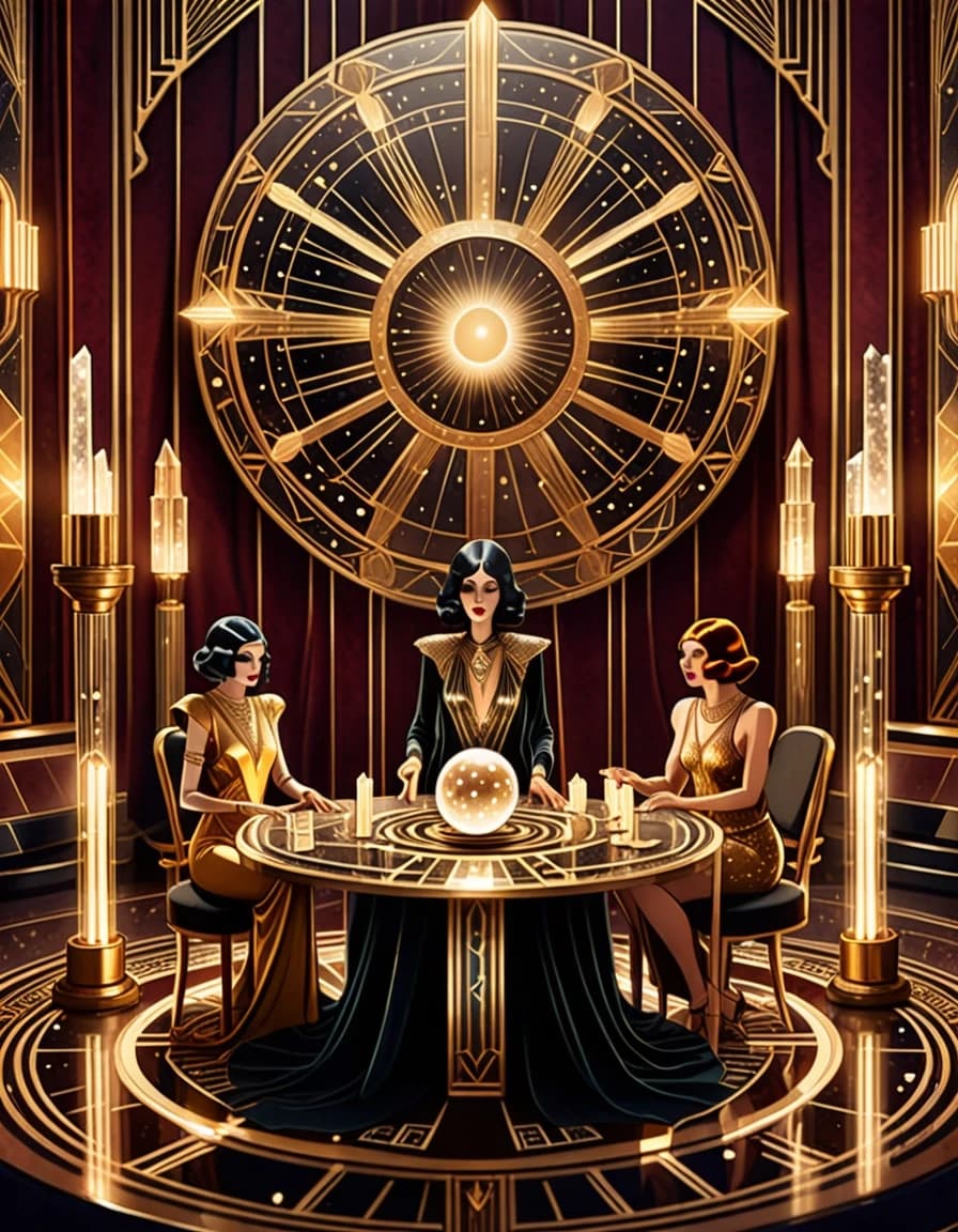 A mysterious oracle sits at a round table inside a luxurious Art Deco chamber. Before them is a huge transparent crystal ball containing a miniature galaxy filled with golden stars and a glowing moon. The oracle wears an elegant velvet outfit with intricate golden details. Behind them are enormous mirrors, geometric wall panels, golden sunburst motifs and tall candles. Ancient Tarot cards and unusual crystals cover the table. The crystal ball itself illuminates the oracle's face with an ethereal glow. Mysterious, luxurious, cinematic, photorealistic, ultra-detailed, vertical composition.