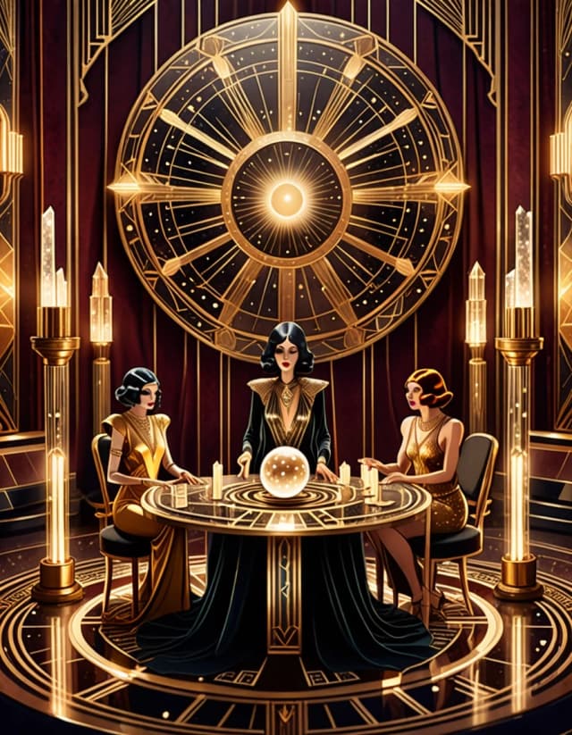 A mysterious oracle sits at a round table inside a luxurious Art Deco chamber. Before them is a huge transparent crystal ball containing a miniature galaxy filled with golden stars and a glowing moon. The oracle wears an elegant velvet outfit with intricate golden details. Behind them are enormous mirrors, geometric wall panels, golden sunburst motifs and tall candles. Ancient Tarot cards and unusual crystals cover the table. The crystal ball itself illuminates the oracle's face with an ethereal glow. Mysterious, luxurious, cinematic, photorealistic, ultra-detailed, vertical composition.