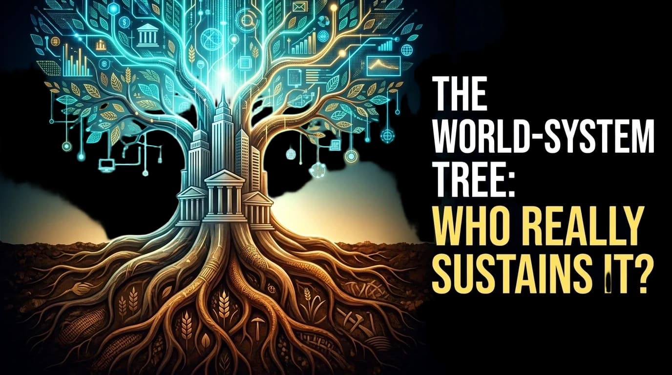 A 16:9 YouTube thumbnail illustration of the "world-system as a tree" metaphor. The upper canopy forms a luminous, network-like crown of glowing data streams, geometric foliage, and floating nodes in neon cyan and electric gold, symbolizing global techno-civilization and digital finance. The central trunk is monumental and structured, blending polished stone and architectural lines to represent nation-states and institutional frameworks. Below the surface, massive ancient roots spread through dark, rich soil, rendered in warm earthy tones with subtle organic textures (woven patterns, root fibers, agrarian motifs), representing traditional societies that sustain the system from the shadows. The composition features a clear vertical gradient from bright tech-luminosity above to deep organic darkness below. Ample clean negative space on the right third for bold title text. High-contrast, cinematic lighting, modern digital illustration style, optimized for YouTube thumbnail impact.