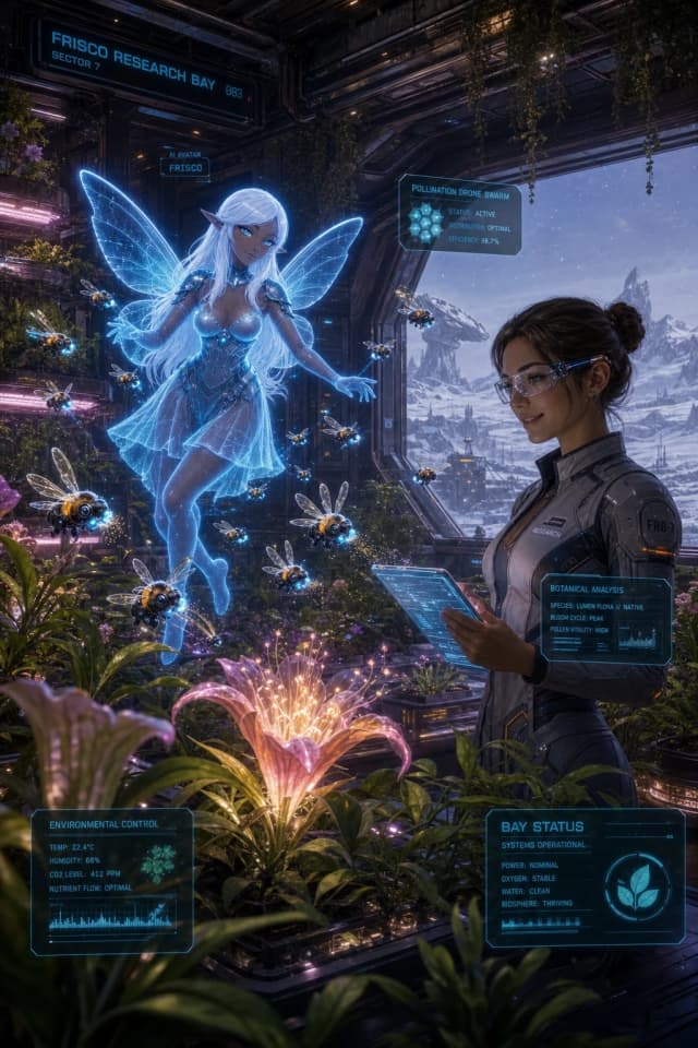 A detailed sci-fi concept art of a futuristic botanical greenhouse inside the "Frisco Research Bay". Inside, a lush indoor oasis with vertical hydroponic farms, glowing alien flowers, and dense green vegetation under soft pink and warm white grow lights. In the center, the holographic AI avatar FRISCO, a glowing blue digital fairy, is hovering in the air. She is managing a swarm of tiny, bumblebee-sized pollination drones. The micro-drones have precise electrostatic brushes, gently collecting and transferring glowing pollen from the flowers. Next to her, a female scientist in a lightweight tech-jumpsuit and smart glasses is holding a data tablet, smiling and monitoring the process. In the background, a massive panoramic window reveals a freezing, snowy alien landscape outside. Cinematic lighting, intricate details, user interface overlays, artbook style, high-tech science fiction. --ar 4:3