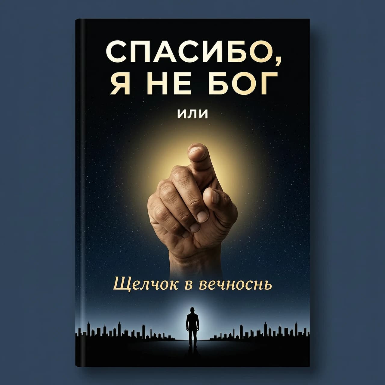 создай обложку книги на русском языке Фон: Тёмно-синий, почти чёрный, с лёгкой текстурой, напоминающей песок или пыль.
Центр: Крупным планом, вид от первого лица - ладонь направлена от нас и вперед— мужская рука, пальцы которой готовы к щелчку пальцами (большой и средний пальцы соединены, безымянный и мизинец прижаты к ладони, указательный смотрит в сторону от нас). Вокруг них — мягкое золотистое свечение.
Верхняя часть (крупно):
СПАСИБО, Я НЕ БОГ
Чуть ниже (мелко): или
Внизу под всем изображением (курсивом, чуть крупнее «или»): Щелчок в вечность
Под текстом: Едва заметный силуэт одинокого человека на фоне бесконечного горизонта и ночного города
Цветовая гамма: Чёрный, тёмно-синий, золотой. Минимализм, строгость, атмосфера одиночества.