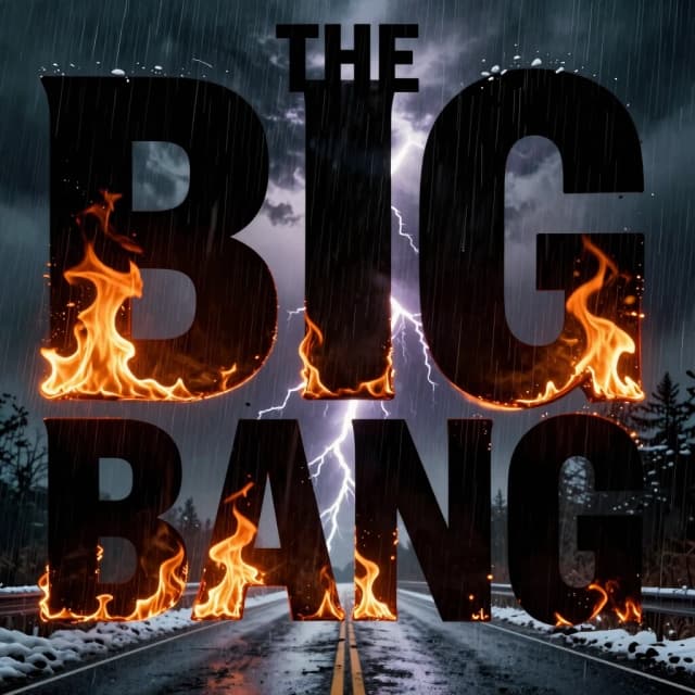 THE BIG BANG THEORY - text (НЕ ПРОПУСКАЙ ТЕКСТ)
Стиль - фотореализм 
Шрифт : шрифтовая маска 
Внутри букв текста : огонь, ночь,тусовка,дорога,гроза,дождь,снег
Преобладание цветов : тёмный/черный