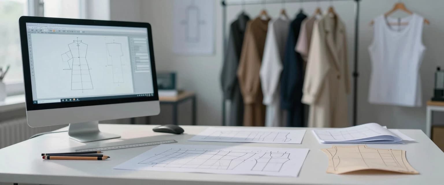 Interior view of a clothing pattern design bureau, front-facing shot. Foreground: a wide white desk with neatly arranged paper patterns, drafting templates, technical flat drawings, graphite pencils, and a long transparent ruler. In the left corner of the desk — a computer monitor turned on, showing CAD pattern-making software (sharp vector contours of a garment pattern on screen). Background (heavily blurred with bokeh): a clothes rack with finished garments — coats and dresses in muted tones — plus hanging finished patterns. Lighting: soft overhead side daylight diffused through sheer curtains; gentle cast shadows from pencils and paper edges; cold blue-white glow from the monitor subtly illuminating the desk surface. Sharp focus on the desk and screen content; background aesthetically defocused.