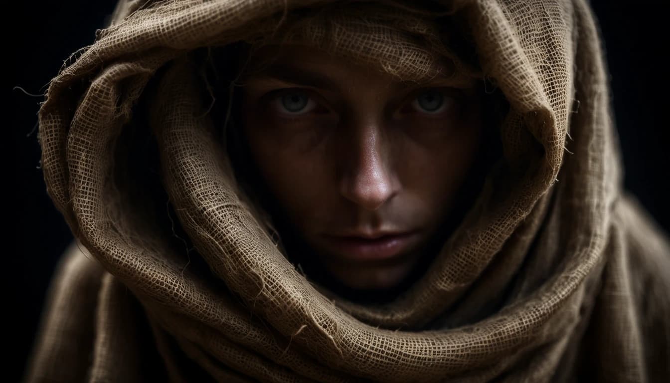 An abstract portrait of an invisible form defined only by a heavy, suffocating shroud of coarse, oil-stained burlap that is twisting and constricting inward, as if trying to collapse into nothingness. Low-key lighting, deep shadows, raw tactile texture.