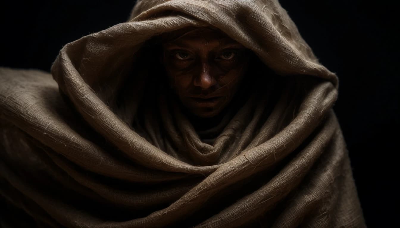 An abstract portrait of an invisible form defined only by a heavy, suffocating shroud of coarse, oil-stained burlap that is twisting and constricting inward, as if trying to collapse into nothingness. Low-key lighting, deep shadows, raw tactile texture.