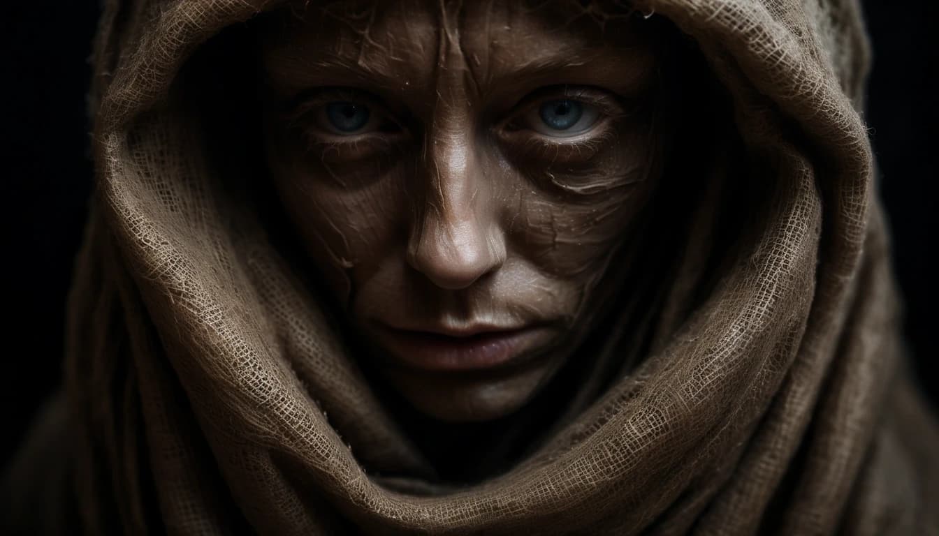 An abstract portrait of an invisible form defined only by a heavy, suffocating shroud of coarse, oil-stained burlap that is twisting and constricting inward, as if trying to collapse into nothingness. Low-key lighting, deep shadows, raw tactile texture.