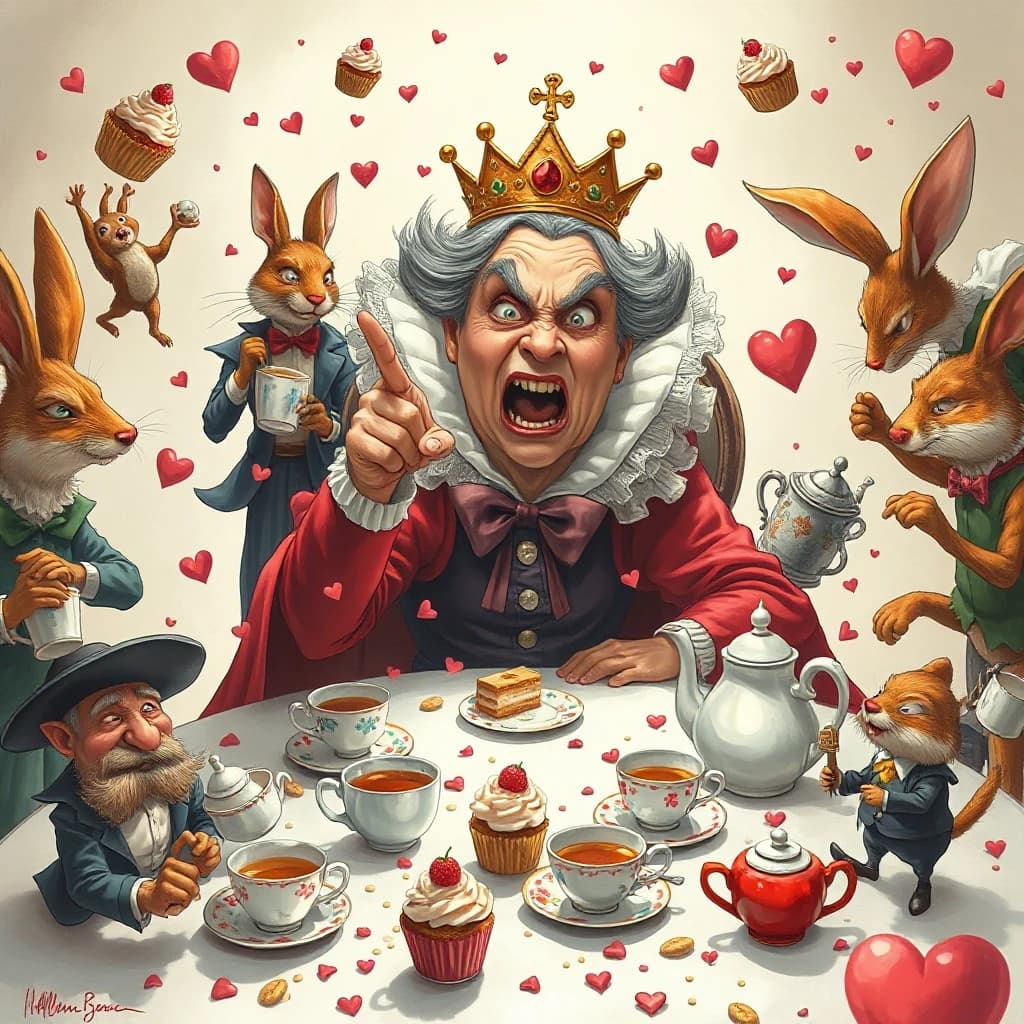 (masterpiece:1.8, acrylic painting:1.5, best quality:1.6, ultra-detailed:1.6). A bizarre and funny image (of the Queen of Hearts), who, sitting at a crazy tea table, angrily exclaims: "Off your head!' (Off with their heads!). The reason for her anger may have been a bad croquet game or too much sugar in her tea. (She's sitting at the head of a table strewn with ridiculous teapots and mountains of cakes, her crown slightly askew.) The Queen's face is red with annoyance, with puffed cheeks and wide-open eyes that look more offended than truly angry. (She points her finger with such effort that she looks like she's about to knock over her tea).
(Around her are the Hatter and the March Hare, who comically jump up and down in "fright," but at the same time try to hold on to their cups and cupcakes. Sonya may have poked her head out of the kettle, clearly annoyed by the noise. The card guards nearby may be awkwardly retreating, tripping over table legs or dropping their halberds). The tea table is a mess of flying cupcakes, spilled tea, and tumbling teacups.
The lighting is light and airy, creating a light, almost pastel mood. The overall atmosphere is a light, funny mess, where the Queen's anger is more of a familiar but theatrical act. Detailed watercolor or pastel illustration, playful composition, soft but saturated colors, light strokes, digital painting. Inspired by Quentin Blake's dynamic illustrations and Mary Blair's vibrant style.