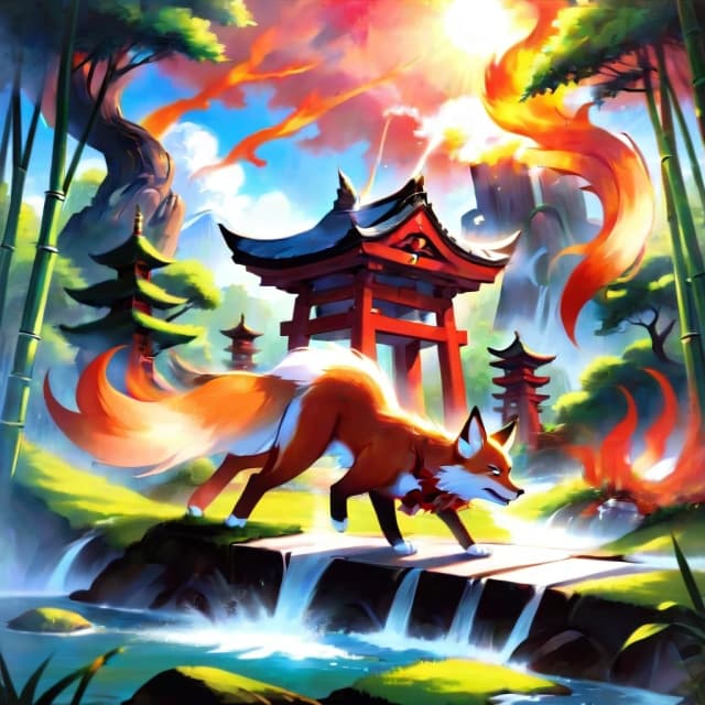 A fiery fox, a Japanese shrine dedicated to kitsune, bamboo groves and small lakes along the sides, sunny weather.