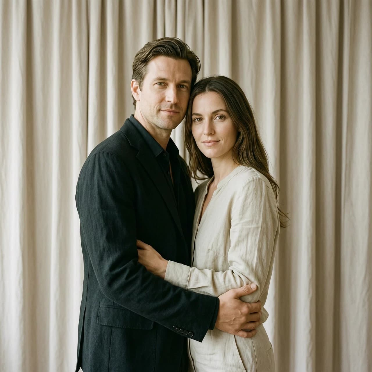 Create an ultra-realistic intimate portrait of a couple based on the provided reference photos.

IMPORTANT — IDENTITY LOCK:
Use the exact faces, facial features, proportions, skin tone, and appearance from the uploaded photos. Do not change identity.

SCENE:
A couple standing close together in front of soft neutral curtains.
The man is standing slightly behind the woman, gently holding her around the waist.
The woman leans slightly into him.
Both are looking directly into the camera.

EMOTION:
Calm, confident, intimate, natural connection.

STYLING:
– Minimalistic clothing (neutral tones, black/white/beige)
– Natural makeup
– Clean, elegant look

LIGHTING:
– Soft diffused studio lighting
– Slight film look
– Subtle shadows
– Skin looks natural and detailed

CAMERA:
– Portrait framing (waist up)
– Slight depth of field
– Sharp focus on faces

QUALITY:
Ultra photorealistic, cinematic, high detail, natural skin texture, no AI artifacts.

IMPORTANT:
Do not distort faces.
Do not stylize.
Keep everything realistic and natural.