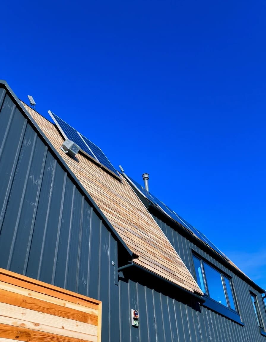Vertical low angle photography, modern barnhouse residential building, dark anthracite metal and natural wood planks, solar panels on the steep roof, bright blue sky background, realistic textures.
