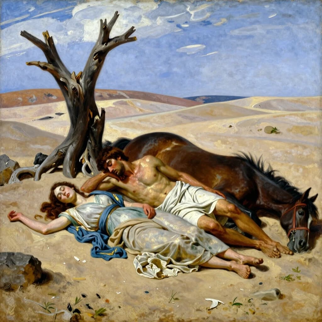 Oil painting, ancient times of Greece, a young man of 20 years old and a girl of 18 years old, lying unconscious on the sand,  next to a dried tree and a fallen horse, around the desert, style Ilya Repin