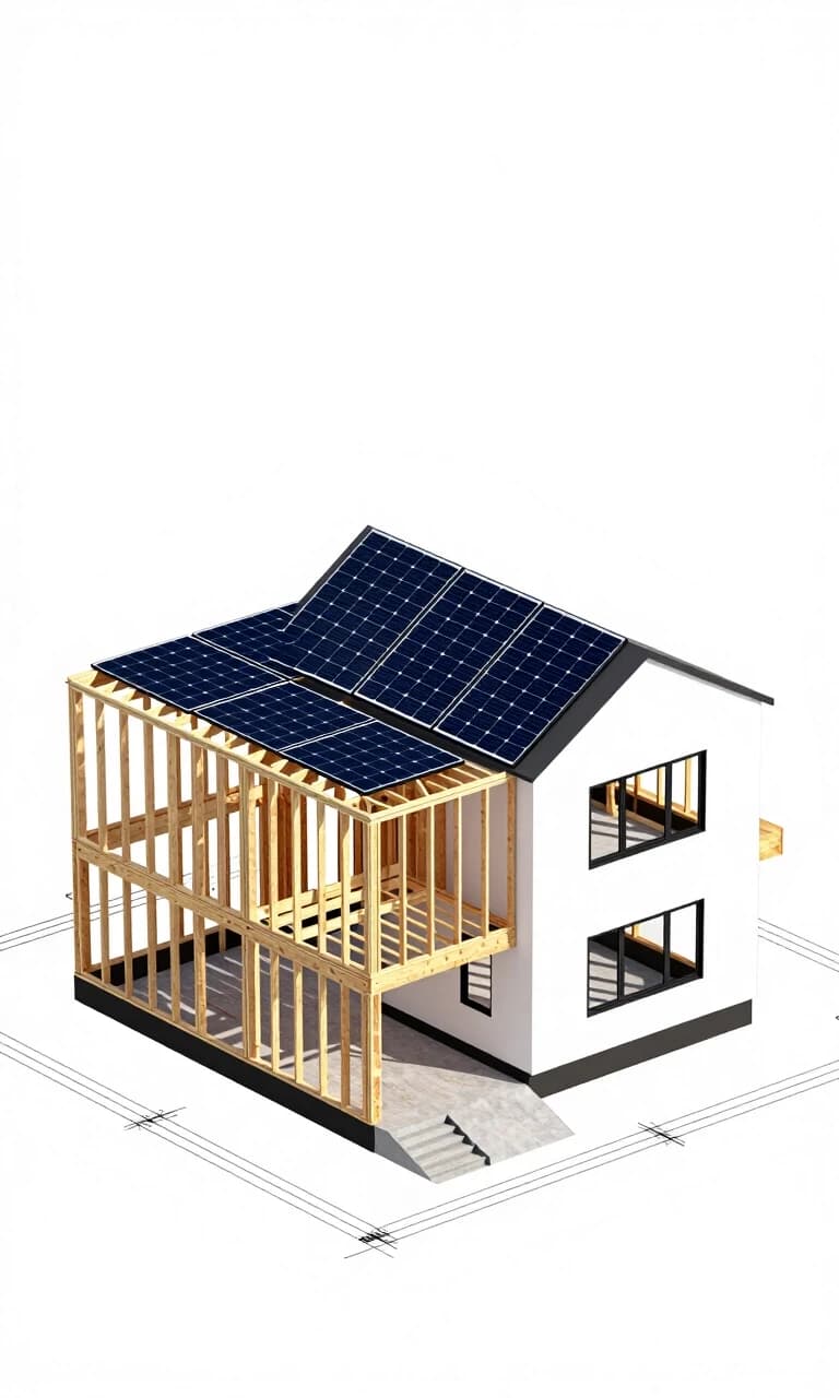 Vertical 3D architectural rendering and blueprint of a modern frame house, half construction structure showing wooden timber frames, half finished beautiful modern facade with solar panels. Clean white background, studio lighting, engineering precision, highly detailed, 8k, isometric view.