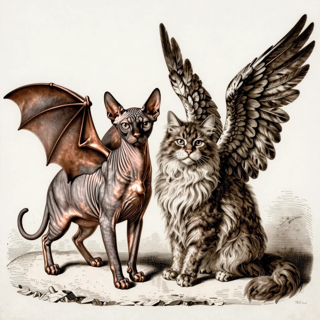 A vintage copperplate engraving of two winged cats standing side by side. On the left: a hairless Sphynx cat with large, membranous, leathery wings of a bat (netopir). On the right: a fluffy, long-haired cat with majestic feathered wings of a griffin. Artistic style of Albrecht Dürer, old scientific illustration, intricate cross-hatching, fine lines, sepia tone, monochrome, highly detailed.