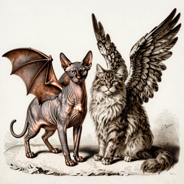 A vintage copperplate engraving of two winged cats standing side by side. On the left: a hairless Sphynx cat with large, membranous, leathery wings of a bat (netopir). On the right: a fluffy, long-haired cat with majestic feathered wings of a griffin. Artistic style of Albrecht Dürer, old scientific illustration, intricate cross-hatching, fine lines, sepia tone, monochrome, highly detailed.