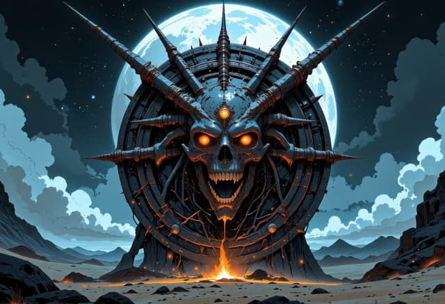 Circular emblem of a fierce, warlike desert tribe, centered composition. In the foreground, a weathered tribal shield made of dark hide and bone ornaments, overlaid with two crossed spears featuring sharp, jagged bone tips, with huge screaming skull with glowing eyesockets in the center . The background features a vast, mystical nocturnal desert under a massive crescent moon and a shimmering Milky Way galaxy. Artistic style of a high-detail fantasy game icon, digital painting with heavy texture. Lighting: dramatic rim lighting from the moonlight, deep cinematic shadows, and a fair glow from campfire. Lightings on the background. Mood: primal, menacing, and epic. Details: fine cracks in the bone, sand grains caught in the shield's texture, silhouettes of distant dunes, and a starry night sky. High contrast, hyper-realistic textures, volumetric lighting, 8k resolution.