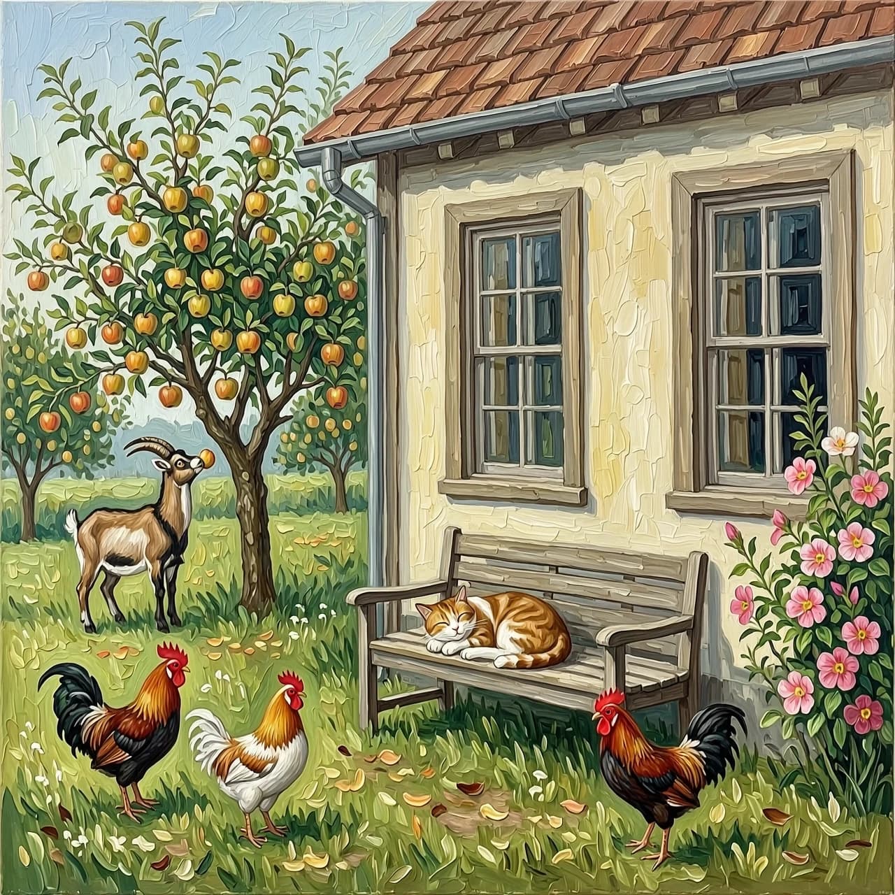 Рисунок маслом. Дом с двумя окнами. На заднем плане яблоня, коза пытается достать верхнее яблоко. Перед окнами скамейка, на ней спит кот. На углу дома цветет мальва. Гуляют куры, петух