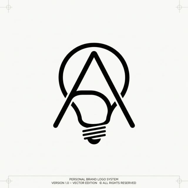 Minimalist personal brand logo: a single continuous black line forms a stylized letter A that smoothly transitions into a lightbulb silhouette. No fills, no gradients, no shadows. White background. Clean vector illustration style, high contrast, scalable to small sizes