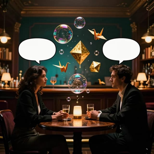 Cinematic wide shot of two sophisticated silhouettes sitting opposite each other at a dimly lit vintage wooden table in a cozy library bar, warm amber and deep teal atmospheric lighting. However, instead of speech bubbles or text, the space between them is filled with a mesmerizing, slow-motion swirl of translucent soap bubbles, floating origami cranes, and melting abstract geometric shapes made of liquid gold. These objects connect the two figures beautifully, symbolizing that the meaning is not in the words, but in the shared aesthetic experience. Surreal, dreamy, ethereal, photorealistic, shallow depth of field, intellectual and playful mood, 8k --ar 3:4