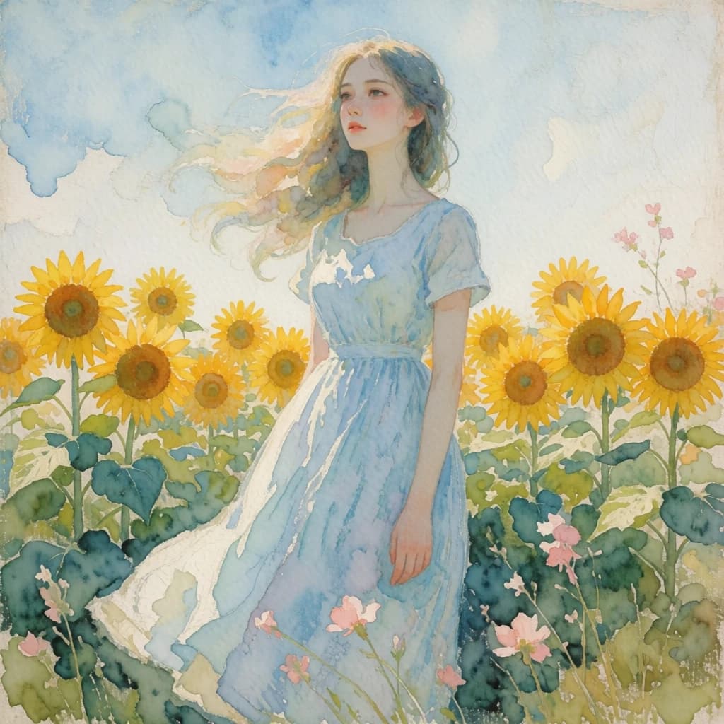 A young woman with flowing, soft hair stands in a sun-drenched field of sunflowers, her gaze distant and thoughtful. She wears a simple, vintage-inspired dress that catches the gentle breeze. The scene is rendered with the textured, layered feel of mixed media, incorporating delicate watercolor washes and subtle oil paint strokes. The overall mood is one of peaceful reminiscence and quiet contemplation, reminiscent of Impressionist paintings.