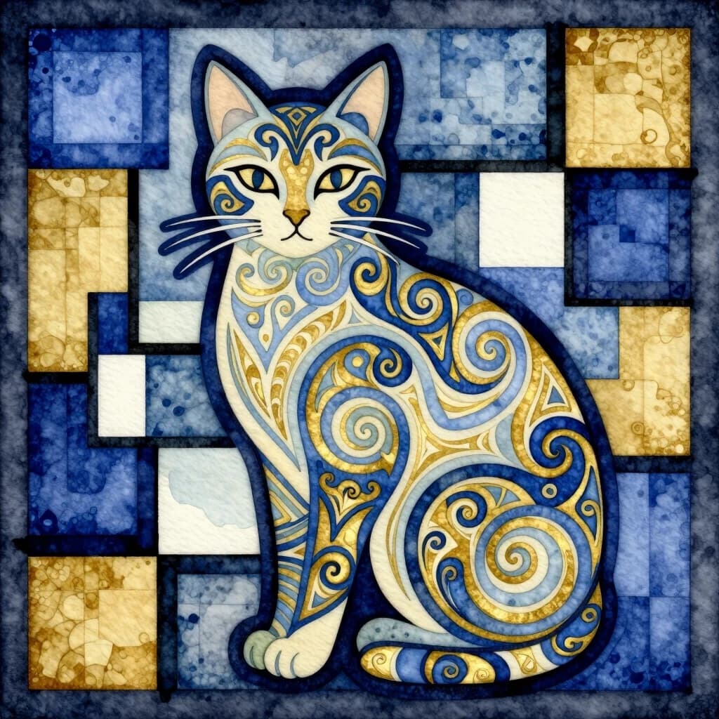 Watercolor in the Art Nouveau and Art Deco style. Vector art. On a dark geometric background with many squares and rectangles in the style of Mondrian. Many ornaments. Elements of Palekh painting. An ornament in the shape of a surreal cat, with intricate patterns that form a light pastel figure of a sitting cat. Double exposure with blue and gold patterns. Close-up. Intricate patterns in the Gzhel style. Fractal curls. Shades of blue and gold. Style: Art Deco, Art Nouveau, Renaissance. Detailed composition on an abstract, suprematist background. A mesmerizing visual spectacle. In the style of Aivazovsky, Katsushiki Hokusai, and Piet Mondrian. High quality and detail.