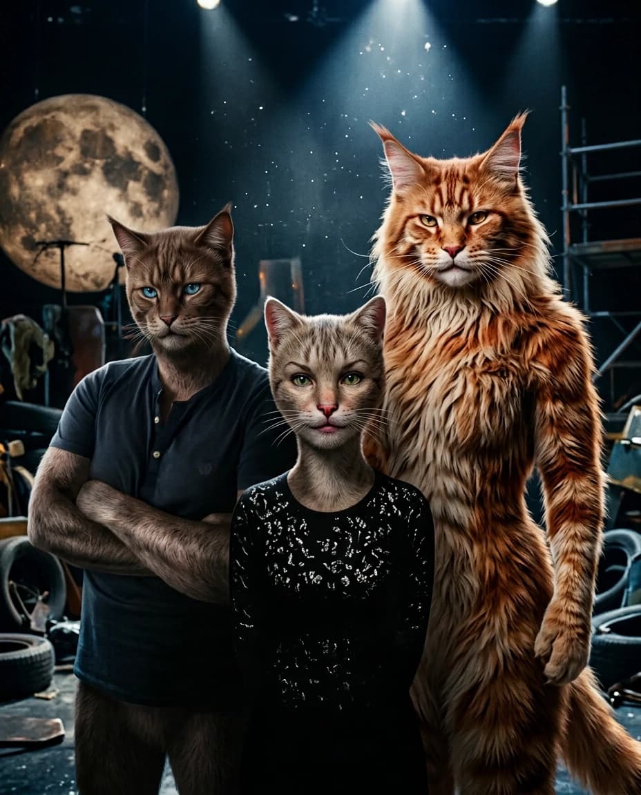 Cinematic film still, highly detailed hyper-realistic shot. A man and a woman, transformed into anthropomorphic cats inspired by the musical "Cats," standing in a single cohesive composition alongside a Maine Coon cat-woman (resembling Roel Permann). The characters must maintain their original facial features seamlessly integrated into feline anatomy, preserving their specific ethnicity, age, and gender. The feline transformation features intricate fur textures, realistic whiskers, and expressive feline eyes, while maintaining human-like proportions and skin tones visible through sparse fur. The Maine Coon character is scaled correctly to appear slightly larger or more robust, following natural biological proportions. Lighting is dramatic theatrical stage lighting with soft rim light to accentuate the texture of the fur and create depth. The setting is a dimly lit, atmospheric urban stage environment with subtle dust motes dancing in light beams. High-end movie production quality, shot on 35mm lens, shallow depth of field, naturalistic shadows, masterpiece level of anatomical accuracy, no distortions, organic integration of human and feline elements, avoiding a photoshopped look.
