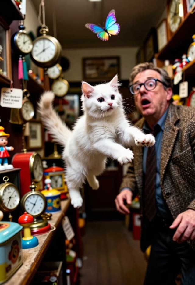 A dynamic, high-speed action shot using a "Dutch angle" (tilted frame) to create a sense of vertigo and energy. The scene is a narrow aisle of a vintage toy and clock shop. A fluffy white kitten is in mid-air, leaping across the aisle, chasing a floating piece of iridescent ribbon or a stray butterfly. The kitten's body is fully stretched, paws reaching forward, with a look of intense, focused determination on its face.

The "camera" is positioned as if it's moving with the kitten, creating a feeling of speed. To the side, a customer—a middle-aged man in a tweed jacket—is caught in a moment of comical surprise, his head tilted back and his glasses sliding down his nose as he barely dodges the flying fluff-ball. His expression is one of genuine, bewildered amusement.

The background is a whirlwind of vintage details: hanging pocket watches, old tin toys, and hand-written tags, all blurred by the motion. The lighting is dramatic, with sharp highlights on the kitten's white fur and soft, deep shadows in the corners of the shop. The image captures a perfect slice of life—spontaneous, funny, and visually rich. Hyper-realistic focus on the kitten's claws, the texture of the tweed fabric, and the polished surface of the vintage toys.

Keywords: Dutch angle, high-speed action, flying fluffy kitten, comical surprise, vintage toy shop, motion blur, hyper-realistic textures, dynamic composition, vivid facial expressions.