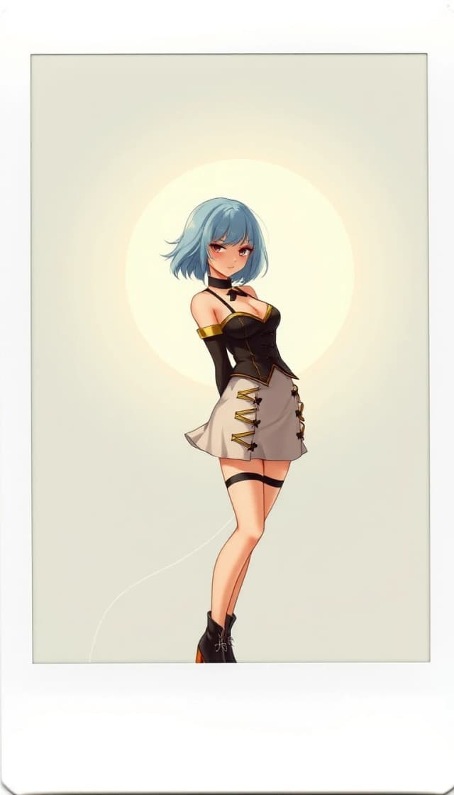 Grey background, lait, Angry Hyperdimension Neptunia sun, Smile Spiral Neptunia-woman  in mini , Neptunia blue hair, bob haircut, black boots