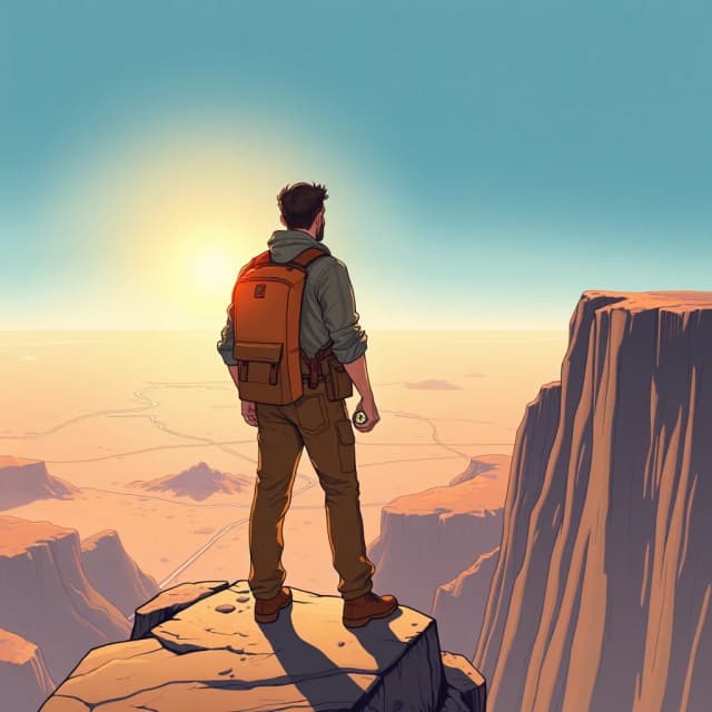 A comic book illustration of a man in work clothes, standing at the edge of a cliff, looking at a wide, open horizon. In his hand, he holds a glowing compass. The scene is filled with warm, optimistic light. The art style is bold and inspiring. No text. --ar 2:3