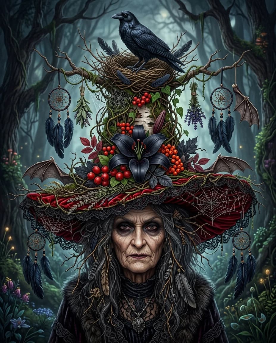 Portrait of an ancient witch in the style of Gothic surrealism by Tim Burton, where the center of the composition is a grandiose pyramidal hat dominating the heroine's face. The multi-tiered frame of the headdress is woven from the finest vines, spider web patterns and climbing tropical plants, creating the impression of a living organism. 
A large black lily bloomed in the middle part of the hat, surrounded by bright berries of birch bark and wolf berries. Miniature dreamcatchers made of blue-black feathers, bunches of dried herbs and graceful bat wings hang symmetrically along the edges. At the top is a raven, perched in a nest of flexible twigs.
The wide brim of the hat is decorated with a strip of gathered scarlet velvet and a natural composition: interlacing patterned ties, a rigid web of cobwebs and dried herbs create a harmonious asymmetry. All this splendor is illuminated by the soft twilight light of the mysterious forest, where every element is worked out with the highest detail.
Technique of execution: highly detailed digital image with elements of realism and Gothic glamour, where every component of the composition — from feathers to berries — demonstrates impeccable craftsmanship.