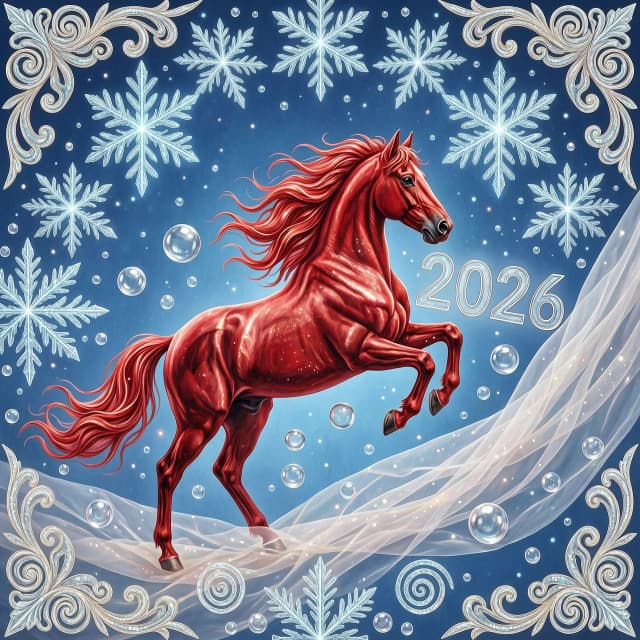 In the double exposure style. An ephemeral mythical creature in the form of a beautiful scarlet fiery horse with a long wavy mane collects the word "2026" from glass letters. In a jump. Background: bright blue night sky with grandiose continuous ornamental frosty patterns, zigzags, spirals of frost. Needles, transparent glass balls, silk, tulle. 
In the "Glitter" style: magical realism, natural symphony, shapes dissolve into color, lines flow like water, translucent layers with a watercolor texture, intricate ornaments at the corners of the composition.
Iridescence, lace, entourage, fantastic plot, New Year's tale, magic, whimsicality, originality. High detail, cinematic lighting, solemn festive atmosphere, realistic.