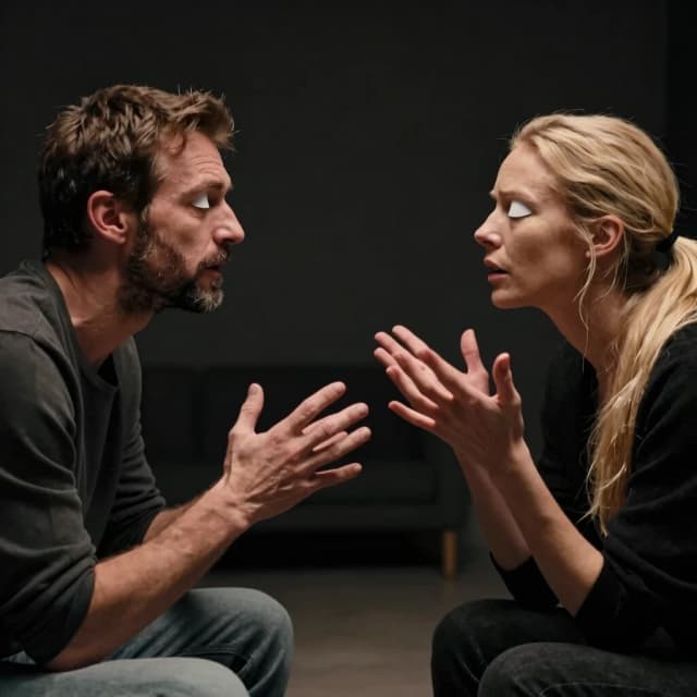 Cinematic close-up portrait, two Caucasian European adults sitting opposite each other in a minimalist dark room, one is a man with short brown hair and a short beard, the other is a woman with long blonde hair tied in a ponytail, both have closed eyes or visibly blind eyes (opaque white corneas), engaged in an animated conversation, their hands dramatically gesturing in mid-air with expressive finger movements, they cannot see each other but their hands move naturally, wearing casual modern clothes (shirts and sweaters), soft dramatic lighting, deep shadows, moody atmosphere, photorealistic, emotional depth, black and white with subtle warm tones
