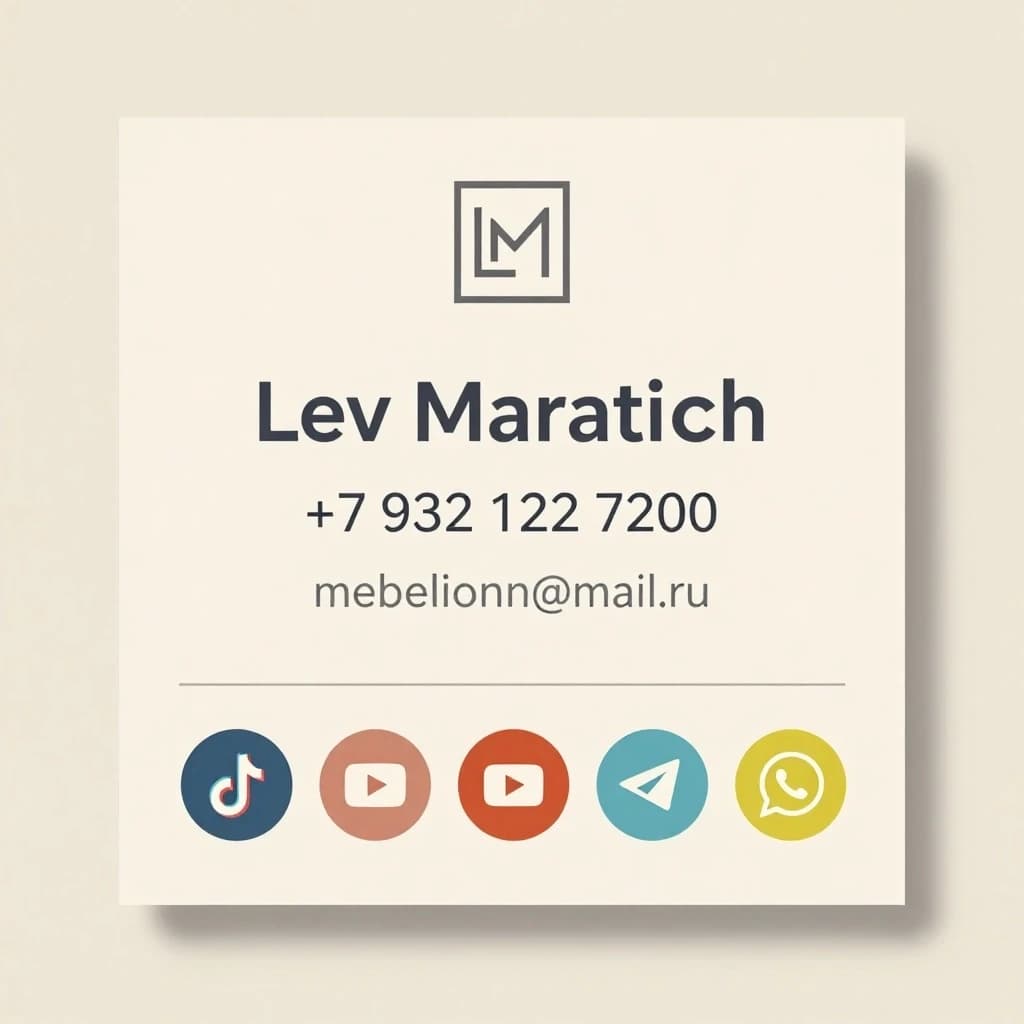 Horizontal premium business card, 7:4 aspect ratio, luxury minimalism. Warm cream / ivory background #F5EFE3, no gradients, no patterns, no textures. Wide margins, airy composition. Top third centered: minimal geometric logo — stylized “LM” monogram in a thin square, matte dark grey #3A3A3A, no extra details. Below centered: name “Lev Maratovich” in large restrained sans-serif, deep graphite #2B2B2B. Under it: phone “+7 932 122 7200” slightly smaller, same color. Below: email “mebellionn@mail.ru” lowercase, muted grey #7A7A7A, compact. Under the contact block: a barely visible 1px horizontal line, matte grey #B8B3A8. At the bottom: even row of social icons — TikTok, YouTube, Telegram, WhatsApp. Recognizable colored icons only, no labels, same size, equal spacing. Brand colors muted by 20–25%: TikTok #5EB3C4 / #E88096, YouTube #C25B5B, Telegram #4A93B5, WhatsApp #5DAE7A. Icons on identical circular background-colored plates. Style: clean flat graphics, high readability, no shadows, no frames, no glare, no gloss, no decorations. Even studio lighting. High resolution, crisp details. Typography Inter / Helvetica Neue.