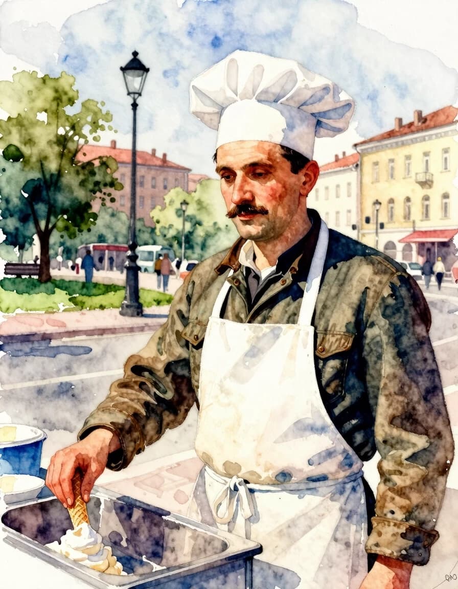A masterpiece. Create an image. The style is watercolor painting. (( Image. A street ice cream vendor is a man about 40 years old in a white chef's hat and a white apron with a retro jacket, against the backdrop of an urban landscape in a park:1.6)), clear edges, clear textures, volumetric composition, studio lighting, author's style, 8k resolution. High detail and clear texture. Close-up. High quality. Increased attention to small details. The aspect ratio is 3:4. The artist is Aivazovsky.