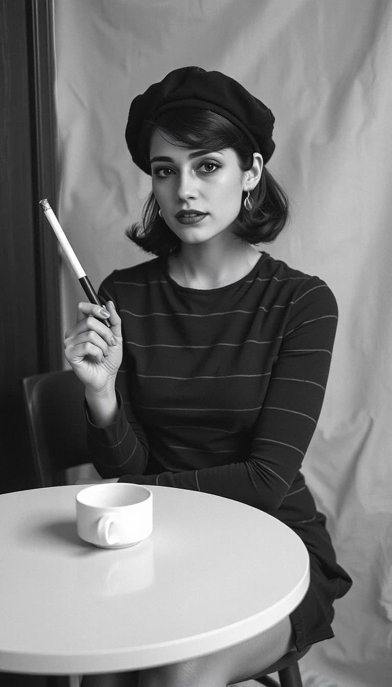 a black and white studio portrait styled like mid century european photography. a woman sits at a round white cafe table holding a long, thin cigarette holder. she is wearing a dark beret perched on her styled dark hair, and a fitted shirt with horizontal stripes. in front of her sits a small white ceramic cup and saucer. the background is simple and out of focus, emphasizing the woman, her stylized features, and the classic cafe atmosphere.