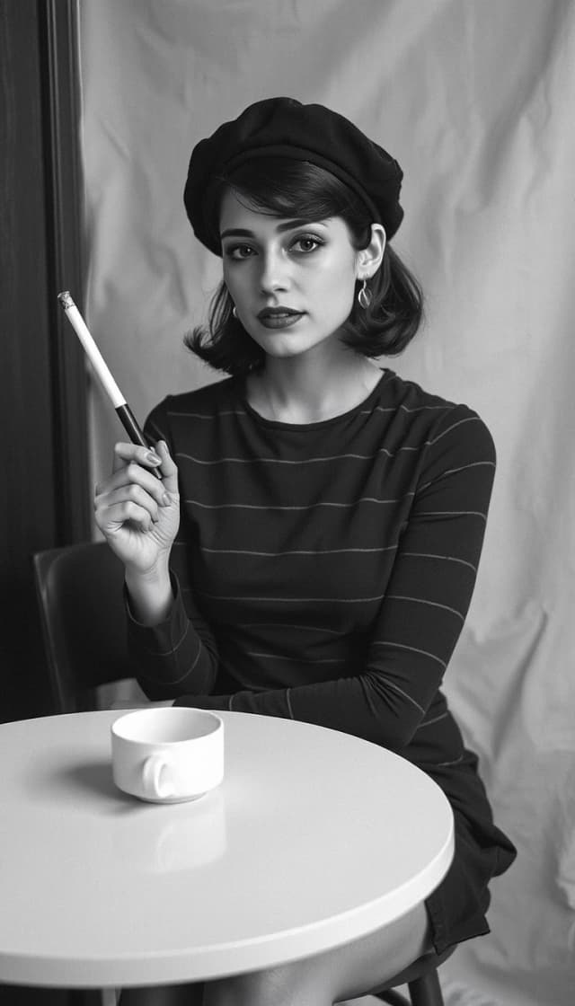 a black and white studio portrait styled like mid century european photography. a woman sits at a round white cafe table holding a long, thin cigarette holder. she is wearing a dark beret perched on her styled dark hair, and a fitted shirt with horizontal stripes. in front of her sits a small white ceramic cup and saucer. the background is simple and out of focus, emphasizing the woman, her stylized features, and the classic cafe atmosphere.