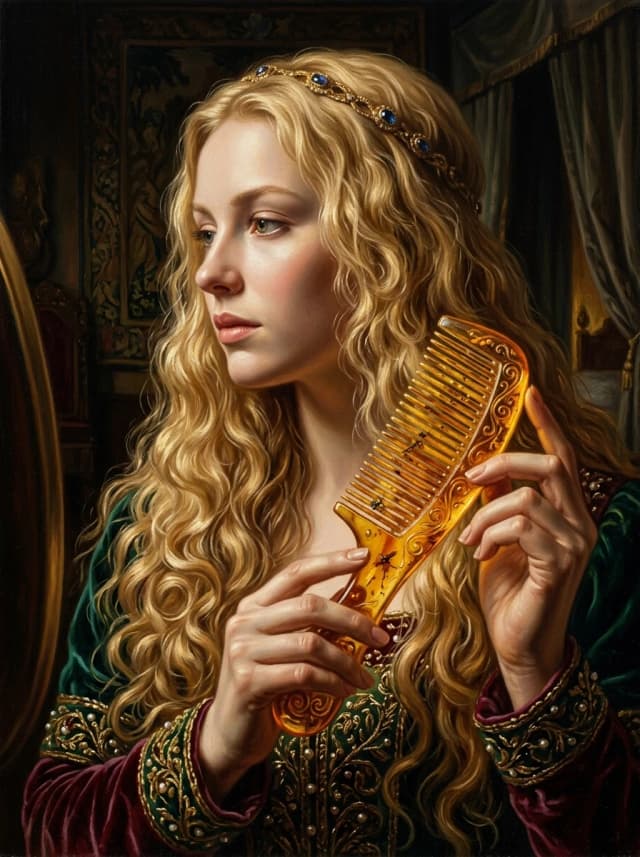 A real masterpiece. How an artificial intelligence would depict: (The image is made using the oil painting technique. A beautiful blonde queen girl with an amber comb in her hands, combing her long, curly hair in front of a mirror). Intense close-up. High resolution. High quality. Increased attention to small details. Hyperrealistic style of surrealism, impressionism, fabulous. Increased attention to the smallest details and texture of the amber comb. The artist Rembrandt, Velasquez.