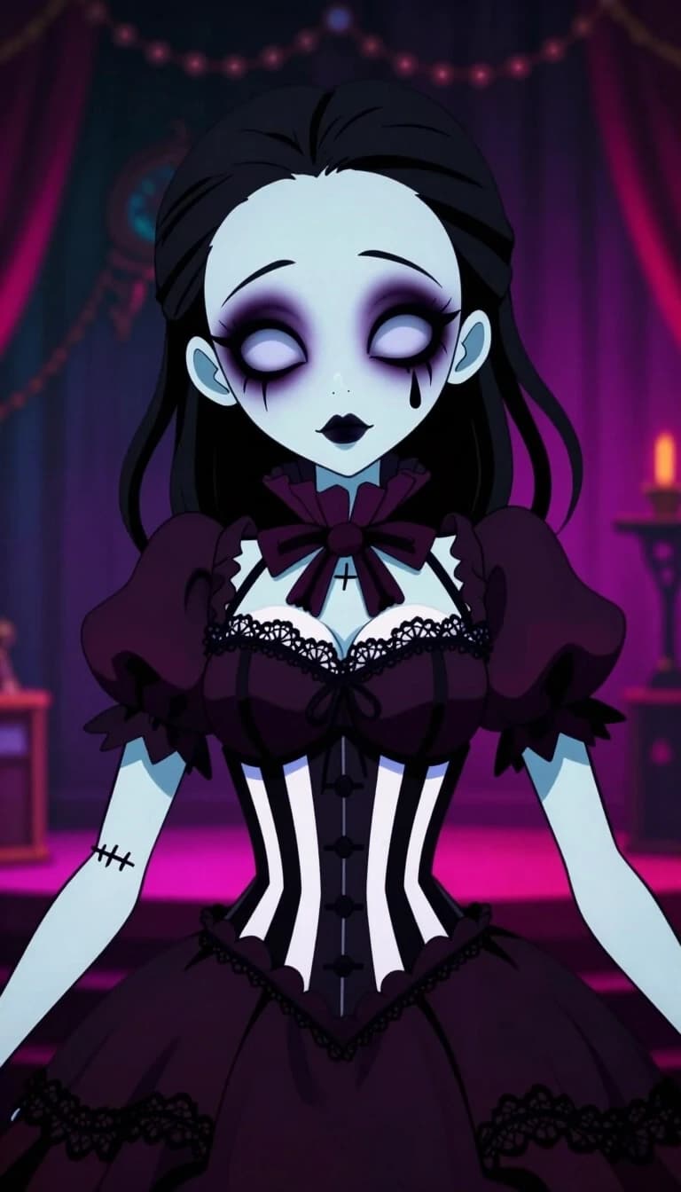 2D anime visual novel character art style, a creepy-cute goth puppet girl from "The Freak Circus", very pale porcelain skin, large expressive hollow eyes with dark heavy eyeshadow, small painted lips. She wears a vintage dark ruff collar, a black and white striped corset, and a tattered circus dress with lace. Stitched joints on her arms, subtle teardrop makeup on her cheek. Distinct sharp linework, smooth cel-shading, vibrant neon-accented dark background, gothic circus aesthetic, high quality 2D game sprite.