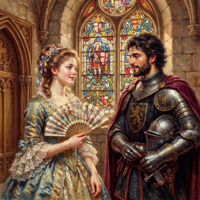 Watercolor painting is a true masterpiece of graphic style. ((Style: Stained glass painting. An image of a beautiful sweet young woman of the 18th century with a fan in her hand and a knight in a medieval castle against the background of a stained glass window.)). Intense close-up. High resolution. High quality. Increased attention to small details. Hyper-realistic surrealist style, impressionism. Increased attention to the smallest details and texture. The author is Auguste Renoir.