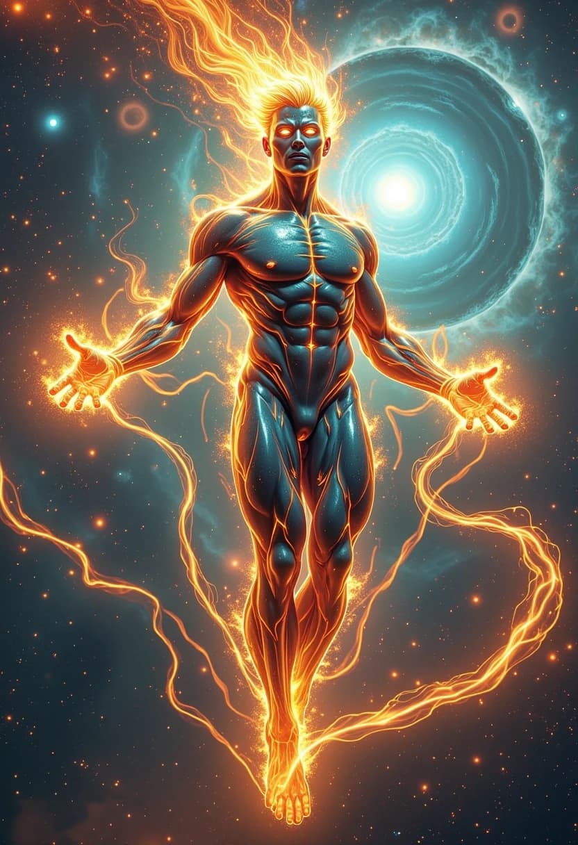 Full-body vertical trading card art (3:4 aspect ratio) of a magnificent, ethereal male cosmic deity made of pure Ethereum energy. He has a clearly visible, handsome and well-defined male face (eyes, nose, lips), but his entire face and muscular physique are sculpted from translucent dark celestial matter and cosmic space. His eyes and veins throughout his body glow intensely with bright orange and golden stardust flares, contrasted with flowing currents of neon-turquoise plasma. He is floating in deep space, manipulating giant swirling rivers of bright orange galactic energy and stellar sparks with his hands. Surrounded by planetary rings and beautiful nebulae in a cosmic background. Trading card game art style, epic sci-fi fantasy masterpiece, highly detailed, sharp contrast, cinematic volumetric lighting, 8k.