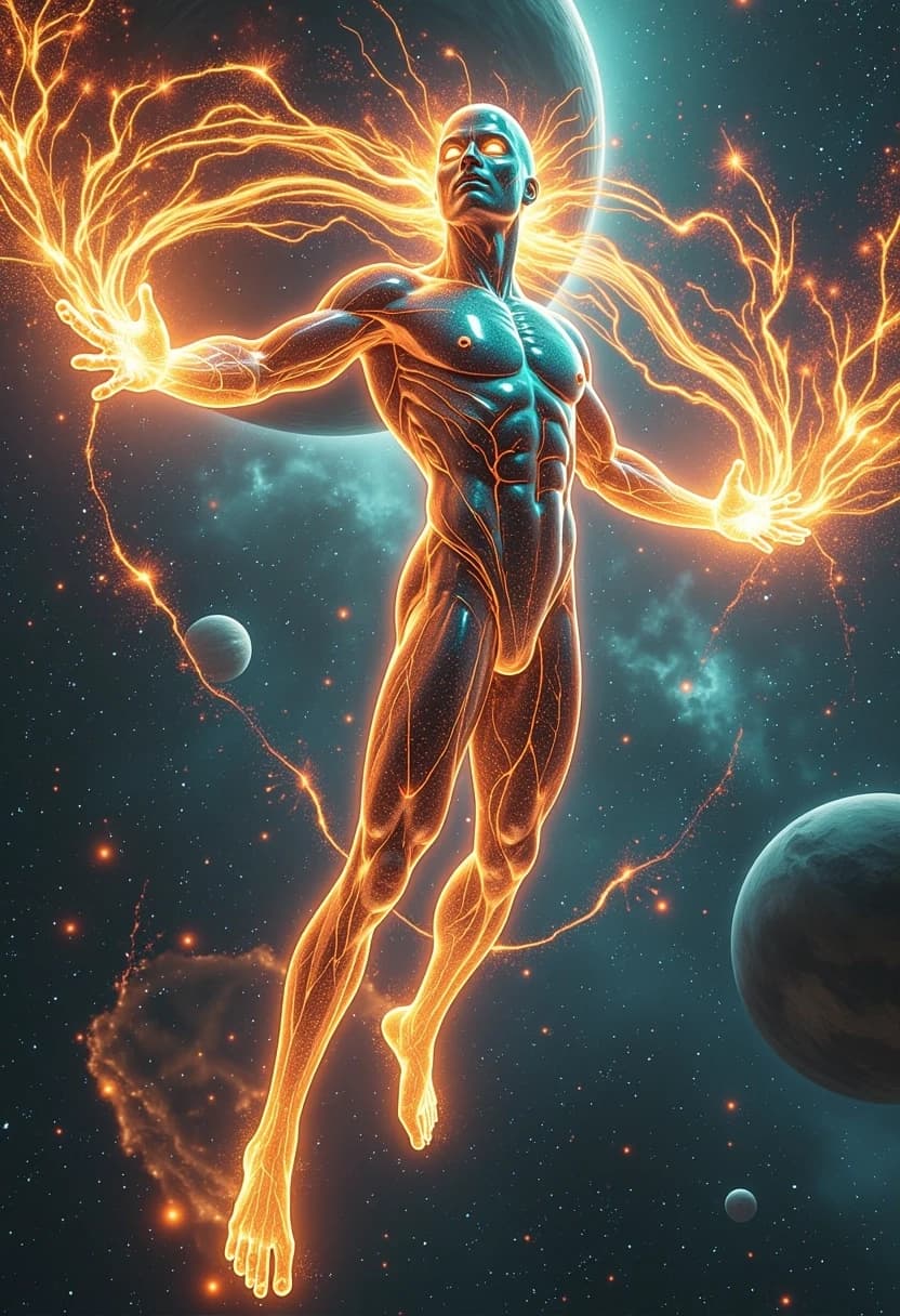 Full-body vertical trading card art (3:4 aspect ratio) of a magnificent, ethereal male cosmic deity made of pure Ethereum energy. He has a clearly visible, handsome and well-defined male face (eyes, nose, lips), but his entire face and muscular physique are sculpted from translucent dark celestial matter and cosmic space. His eyes and veins throughout his body glow intensely with bright orange and golden stardust flares, contrasted with flowing currents of neon-turquoise plasma. He is floating in deep space, manipulating giant swirling rivers of bright orange galactic energy and stellar sparks with his hands. Surrounded by planetary rings and beautiful nebulae in a cosmic background. Trading card game art style, epic sci-fi fantasy masterpiece, highly detailed, sharp contrast, cinematic volumetric lighting, 8k.