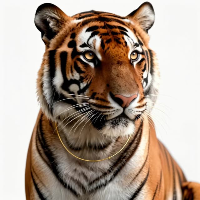 A premier luxury 3D digital art soft close-up portrait of a gorgeous elegant female tiger animal, gentle feminine facial features, beautiful light sand-honey colored eyes, soft gaze. Half-profile view. Wearing an ultra-thin delicate whisper-thin gold chain necklace made of microscopic fine wire links, barely visible elegant minimalist jewelry laying on her neck fur. Solid seamless pristine white studio background. Soft warm volumetric lighting, high contrast, masterpiece, 8k render, clean look.